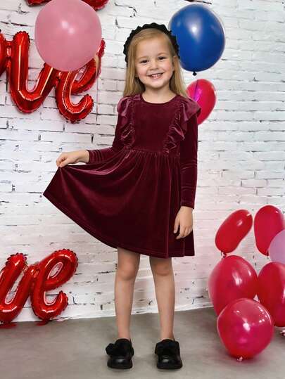 SHEIN Young Girl Knitted Ruffled Round Neck Fit Casual Dress, Valentine's Dress,Suitable For Autumn And Winter, Valentine's Day Party Wear, Daily Wear School Daily, Birthday Dress, Princess Dress