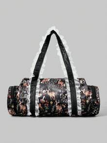 ROMWE Kawaii Bolso redondo blanco vintage y lindo con decoración de encaje con lazo, bolso de hombro estilo Boston para mujer, estilo femenino - Zorro Negro - Ver 5