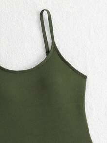 SHEIN 少女纯色纹理面料性感时尚连体泳衣 - 軍綠色 - 查看 5