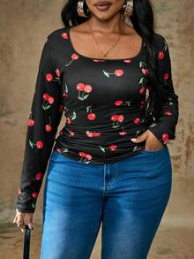 Truni Plus Size Casual Simple Cherry Print Square Neck T-Shirt Autumn And Winter, For Pear & Triangle Body Shape - Multicolor - View 7