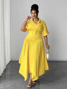 Maweii Women's Spring/Summer Vacation Minimalist Fashion Short Shirt Collar Blouse & Asymmetric Hem Loose Midi Skirt Set, Yellow Casual Daily Wear, New Design Plus Size Two Pieces Brunch Outfits For Curve Lemon Dress Plus Size Yellow Dress Curve - Yellow - View 5