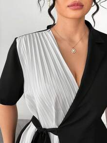 Elenzga Plus Size Casual Pleated Tie-Up Patchwork Fashion Shirt Women Blouses Elegant Black And White Blouse Black And White Shirt Wrap Tops For Women Business Casual Tops Woman - Black and White - View 5