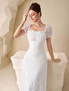 Modelyn 白色蕾丝泡泡袖收腰法式浪漫性感优雅公主裙