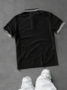 PAVTROS Men's Casual Paris Print Short Sleeve Polo Shirt - Black - View 2