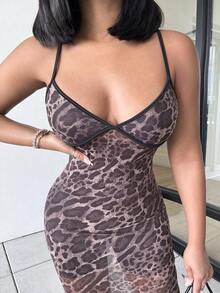 Alexandranx 全新性感豹纹网眼吊带裙，修身版型，长款 - 棕色 - 查看 4