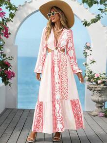 Vivid Eden Đầm dài tay cổ chữ V hở lưng in họa tiết Bohemian dành cho nữ - Hồng - Xem 2