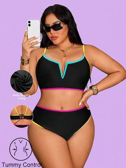 Shapewave Plus Size 2pcs Solid Color Knit Fabric High Waist Triangle Bikini Top With Criss-Cross Back Straps Sexy Swimsuit Set