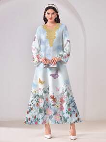 Al Najma 休闲简约蝴蝶花卉印花V领长袖阿拉伯风格连衣裙 - 彩色 - 查看 1