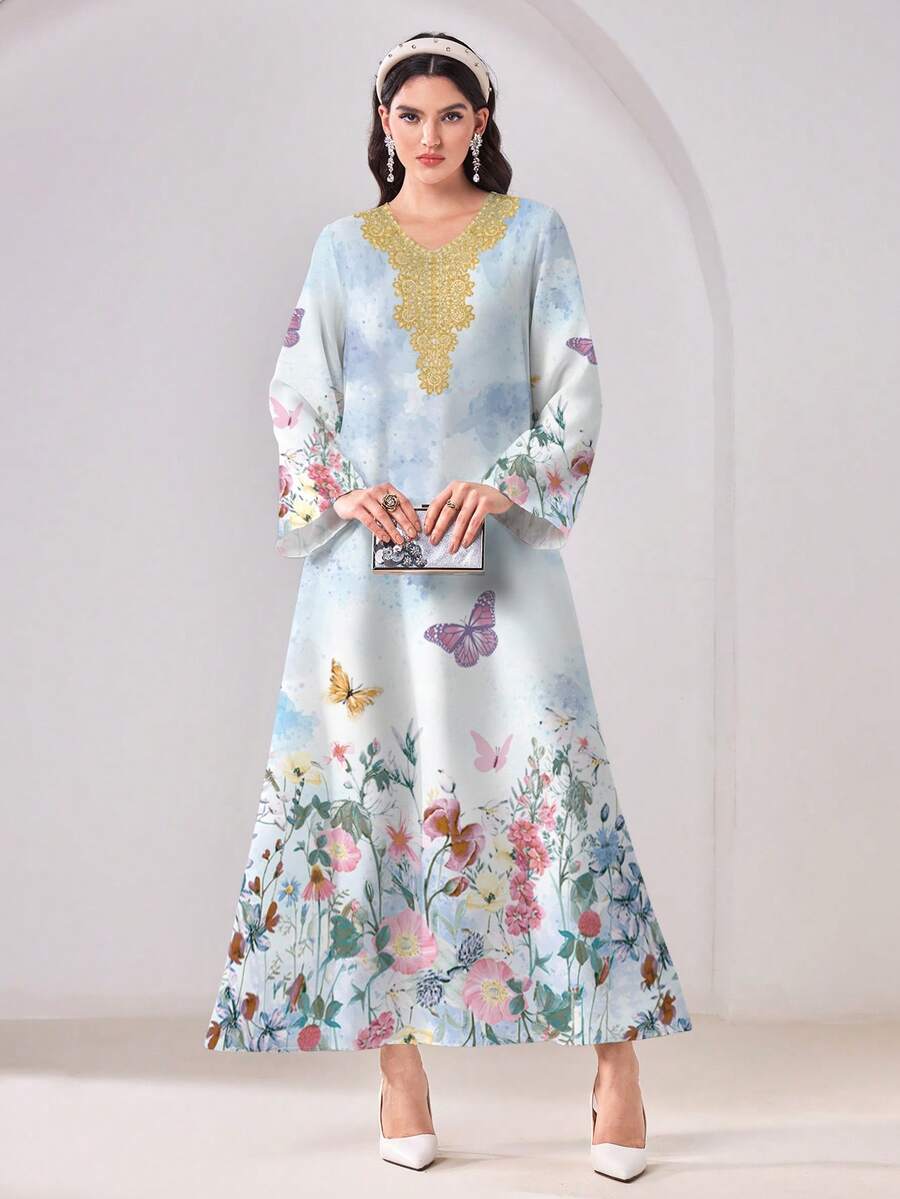 Al Najma 休闲简约蝴蝶花卉印花V领长袖阿拉伯风格连衣裙 - 彩色 - 查看 1