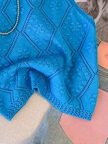 Resyla Áo dệt kim không tay cổ tròn màu trơn dành cho nữ, họa tiết hình thoi khoét lỗ - Màu xanh lam - Xem 3