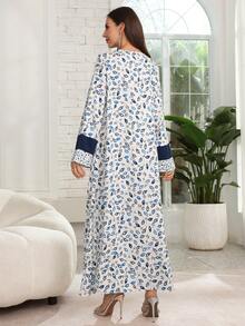 Al Najma Vestido de estilo árabe con cintura de cordón, unicolor con parches de hojas y flores, tono azul - Multicolor - Ver 4