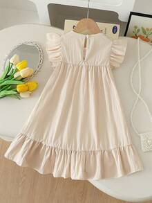 SHEIN Vintaside Kids 女童优雅甜美可爱贴花圆领短袖荷叶边下摆宽松休闲时尚连衣裙，适合度假、旅行、生日礼物、夏季穿着 - 杏色 - 查看 2