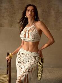 PREMIUM HANDMADE CROCHET ROMANTIC HALTER NECK TOP & TEXTURE TASSEL SKIRT BOHEMIAN RESORT KNIT COVER-UP SET - Beige - View 6