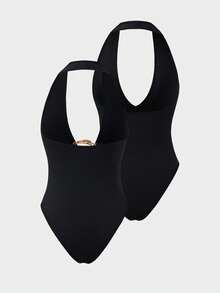 SHEIN LUNE 女士性感V领露背吊带连体衣 - 黑色 - 查看 2