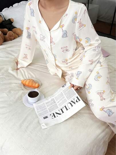 Pijamas mujeres conjuntos de mujer Estampado Suave al Tacto Conjunto de Piyama de Manga Larga Estilo Dulce y Adorable Cardigan para Uso Doméstico Almacén Local, pijamas mujeres,conjuntos de mujer,Almacén local