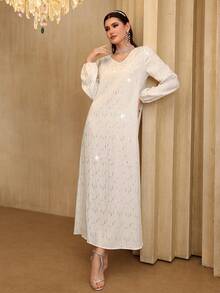 Al Najma Traditional  Arabic White Beaded Embroidered Loose V-Neck Robe Abaya - White - View 7