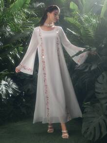 Al Najma Sequin Patchwork Embroidered Floral Trim Solid Color Chiffon Blouse - White - View 7