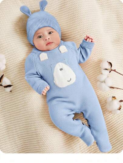 SHEIN Newborn Baby Girl Cute Cartoon Bear Romper & Hat Set, Autumn/Winter