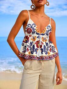 Travachic 女士休闲简约编织波西米亚热带植物花卉复古印花A字吊带流苏下摆背心，春夏海滩度假装扮，波西米亚热带度假派对约会性感装扮 - 彩色 - 查看 4