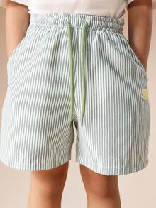 SUMWON Boys Elastic Waist Pull On Striped Cotton Casual Summer Shorts With Side Pockets And Drawstring Waistband - Green - View 6
