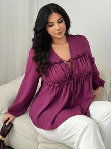 Auralis 大码女装春夏时尚休闲优雅宽松酒红色雪纺透视长袖蝴蝶结衬衫，春季，女式衬衫，红色上衣，曲线性感上衣，海滩度假，夜店，早午餐，长袖上衣/情人节 - 中紫紅色 - 查看 2