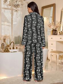 LuxeNights 女士泡泡褶皱印花长袖睡衣套装 女士家居服套装 女士睡衣套装 黑色 黑色睡衣套装 女士家居服套装 女士睡衣 两件套 - 黑色 - 查看 2