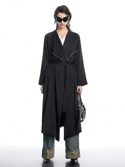 Airlisse Women's New Long Black Trench Coat With Collar Rivet Decor, Casual Motorcycle Style, Spring/Summer