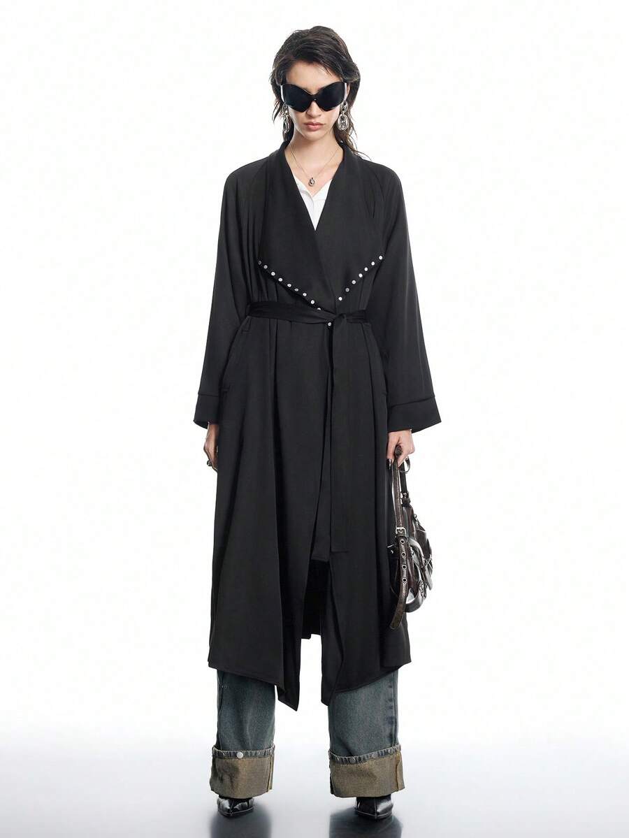 Airlisse Women's New Long Black Trench Coat With Collar Rivet Decor, Casual Motorcycle Style, Spring/Summer - Black - View 1