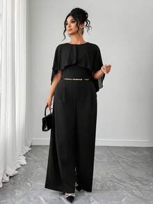 Elenzga Ruffle Boat Neck Tie Shawl Chiffon Jumpsuit Maxi Dress, Business Casual Party Summer Women Outfit, Elegant Formal Women Dresses, Evening Dress, Wedding Guest - Black - View 6