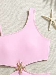 Pink Casual Tween Girls Solid One-Piece Swimsuit Pink Starfish Cut-Out Camisole One-Piece Swimsuit + Matching Sarong Two-Piece Set, Sweet Vacation Style Girls' Swimwear Pink Tween Swimsuit Teen Girl Resort Wear Teen Girl Swim Dress Two Piece Bathing Suit Light Pink Girl Solid Color Bathing Suits Pink Bathing Suit Starfish Bathing Suit Swimsuits Pink - Baby Pink - View 4