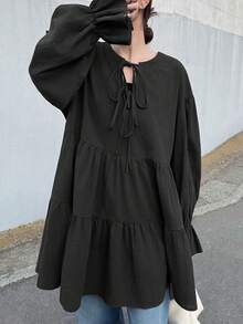 FRIFUL Women's Solid Color Cotton Shirt With Drawstring Collar, Bell Cuffs, Pleated Splice, Loose Casual Versatile Spring Long Sleeve - Black - View 9