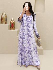 Al Najma Women's Floral Pattern V-Neck Long Sleeve Elegant Arabic Dress - Purple - View 7