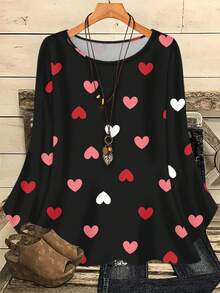 Mellowie Camisa holgada de cuello redondo con estampado integral para mujer de talla grande, otoño/invierno - Rosa - Ver 1