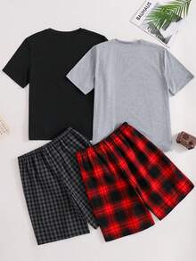 SHEIN 4pcs Teen Boy Simple Solid Color Round Neck Short Sleeve T-Shirt + Plaid Pattern Woven Loose Shorts Casual Pajama Set,Kids - Red - View 2