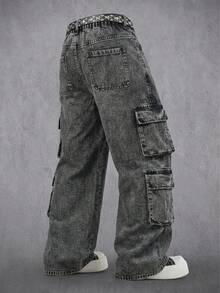 Denim de Trabalho Soltos Cinza de Multi-Bolsos, Confortáveis e Macios, Estilo Vintage Y2K Legal e Casual para Meninos Adolescentes, Uso Diário, Primavera e Verão, Festivais Rave e Streetwear - Preto - Visão 3