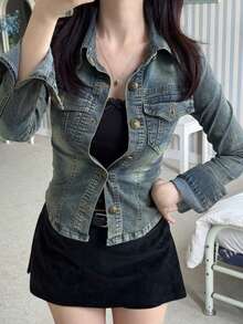 DAZY Women's Long Sleeve Single-Breasted Casual Pocket Denim Jacket - Blue - View 1