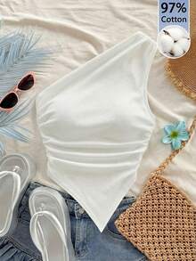 Soleia 95% Cotton Women Asymmetric-Shoulder Top, Suitable For Summer Vacation - White - View 6