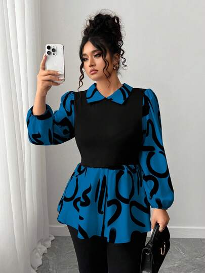 Elenzga Plus Size Women Elegant Graphic Print Lantern Sleeve Peplum Top, Suitable For Daily Wear And Commuting, Spring/Autumn