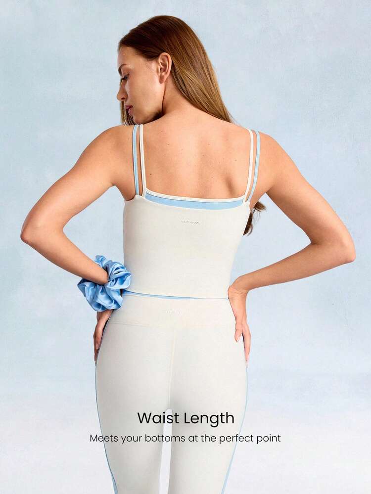 FeatherFit™ Soft Start Buttery-Soft Contrasting Seams 2-Piece Spaghetti-Strap Tank Top Low Impact Yoga Pilates Studio Daily Casual Wear Removable Cups