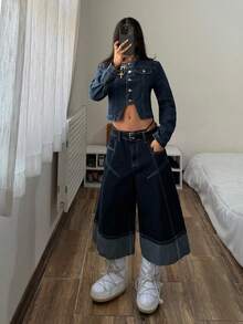 StreetHx 休闲街头风纽扣牛仔长袖上衣 - 中等水洗藍 - 查看 5