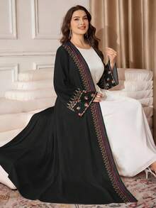 SHEIN Najma Plus Size Women's Retro Pattern, Floral Digital Print Embroidery Inspired Long Sleeve Casual Arabic Abaya Cardigan Maxi Jacket, Spring/Autumn - Multicolor - View 4