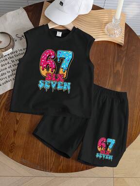 2 sztuki/zestaw dla małych chłopców, swobodny zestaw 67, czarny, z okrągłym dekoltem, bez rękawów, graficzny, top i spodenki, uniwersalny strój uliczny do uprawiania sportów na świeżym powietrzu i codziennego noszenia, wiosna/lato/jesień