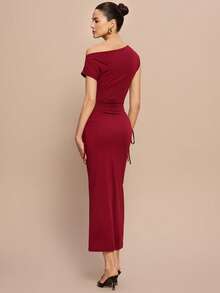 Leighera 秋季性感露肩修身抽绳长连衣裙 - 酒紅色 - 查看 7