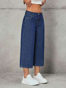 SHEIN Tall Women's Fashion Casual Wide Leg Mid-Rise Jeans - Dark Wash - View 4