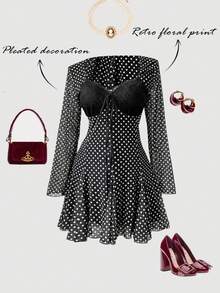 Comfortcana Đầm chữ A tay loe chấm bi đen trắng dáng rộng, cỡ lớn, chất liệu lưới, thích hợp cho mùa xuân/thu. - Đen và trắng - Xem 9