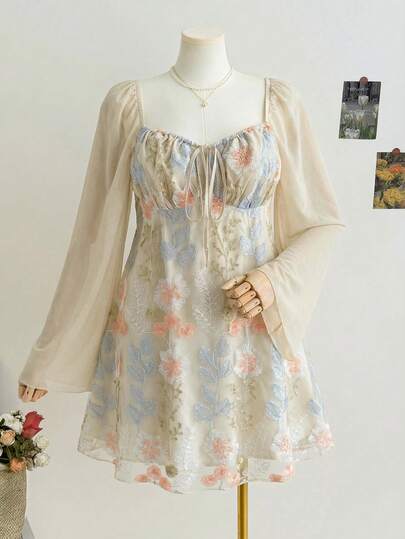 Soleia 大码女式刺绣长袖迷你连衣裙