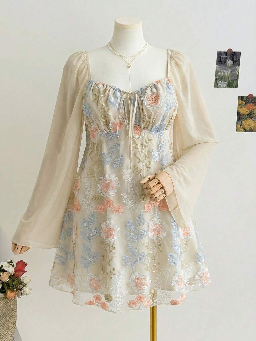 Soleia 大码女式刺绣长袖迷你连衣裙 - 杏色 - 查看 1