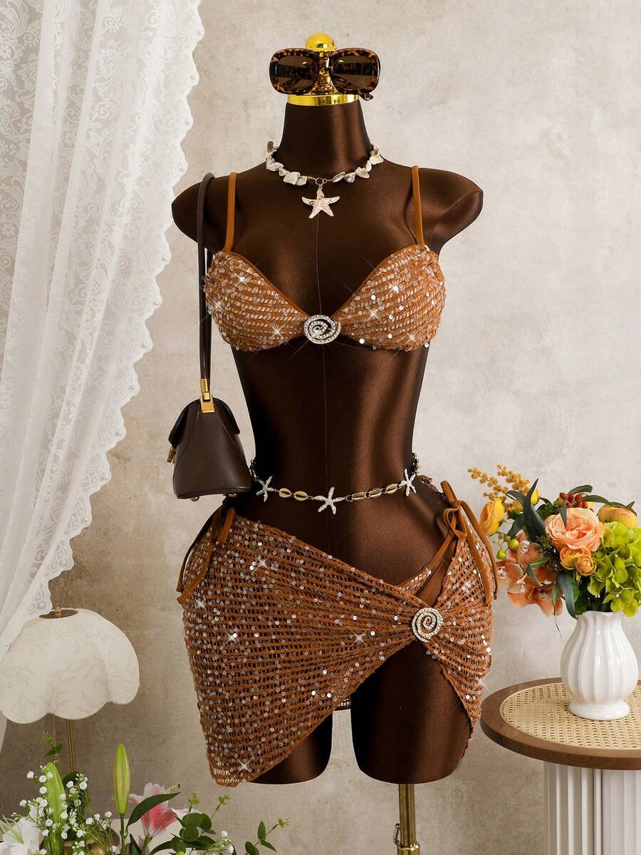 Bộ bikini màu kaki đính sequin mới dành cho nữ, thời trang cho bãi biển, kỳ nghỉ và hẹn hò, mùa xuân/hè. - màu nâu - Xem 1