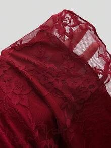 Sweetra 大码女式复古浪漫度假风 Y2K 性感方领荷叶边喇叭袖百搭通勤酒红色连衣裙，长袖连衣裙，常规办公款，修身连衣裙，适合日常外出、返校季、春夏派对/爱心/唇色/红色/情人节、春夏中国风/新年/除夕/旗袍 - 酒紅色 - 查看 3