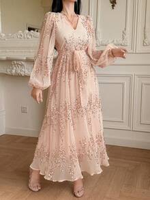 DAZY 闪亮亮片荷叶边连衣裙，女士闪亮连衣裙/吊带裙 - 粉色 - 查看 5